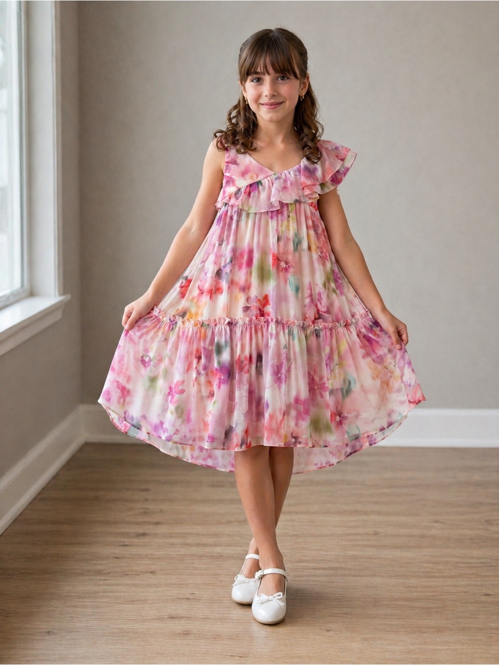 Girls Pink Watercolor Floral Ruffle Dress